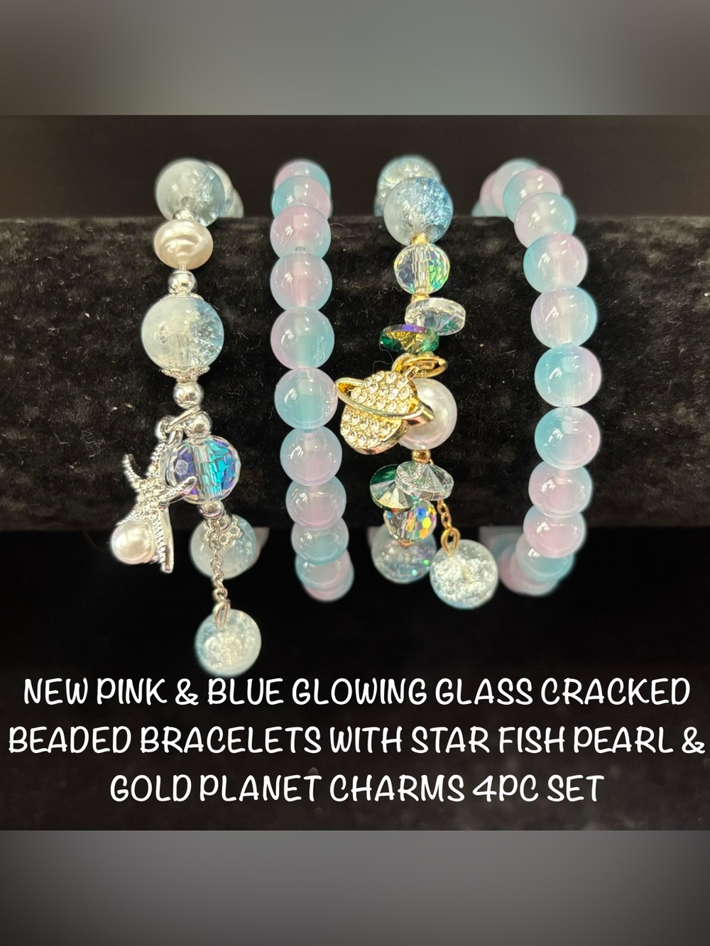 New Blue & Pink Glass Beaded Bracelets W/Gold Planet,& Starfish w/Pearl Charms 4